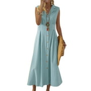 Julycc Womens Summer Sleeveless Maxi Dress Cotton Linen Buttons Long Shirt Dress